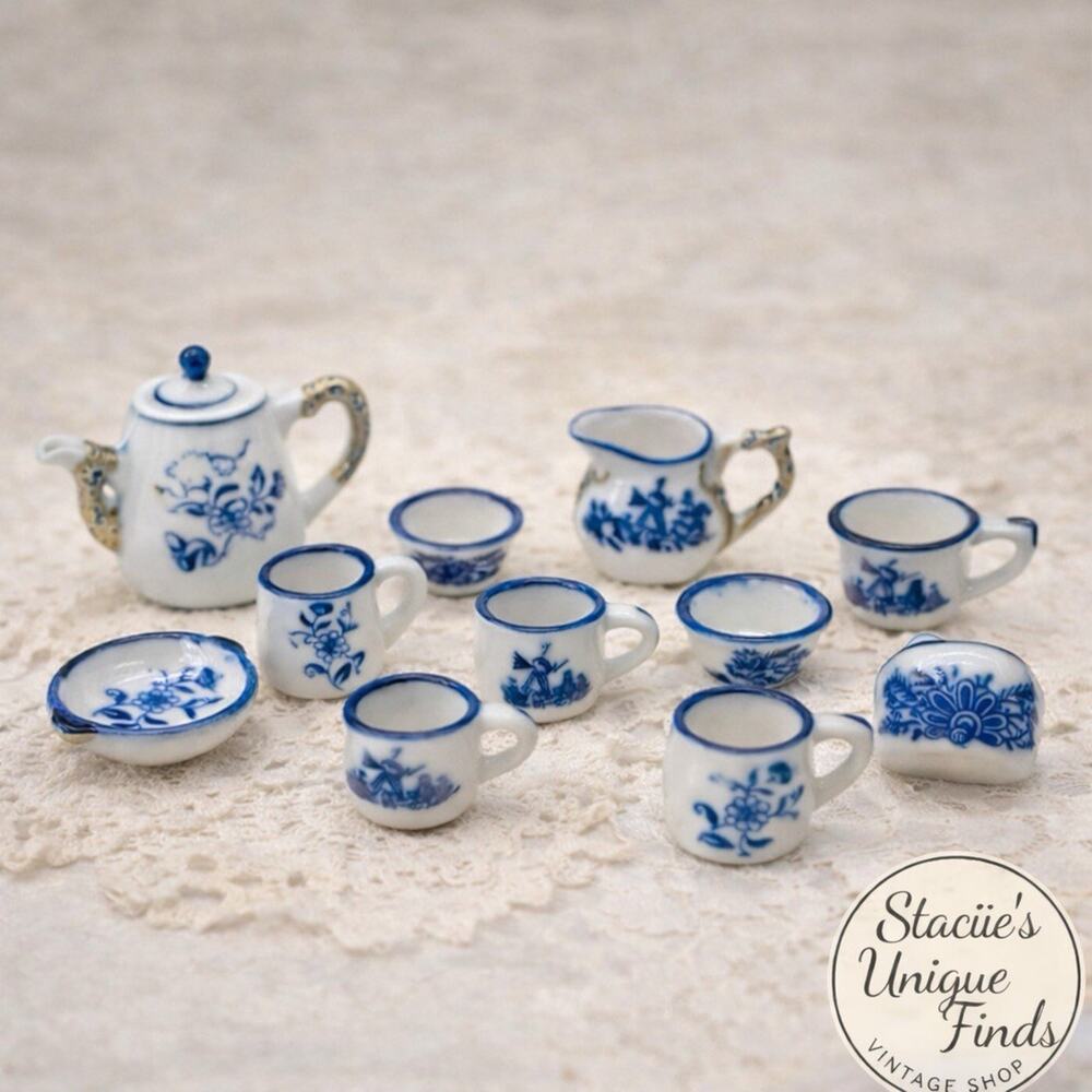 Vintage Blue & White Porcelain Dollhouse Miniature Tea Set Teapot Cups
